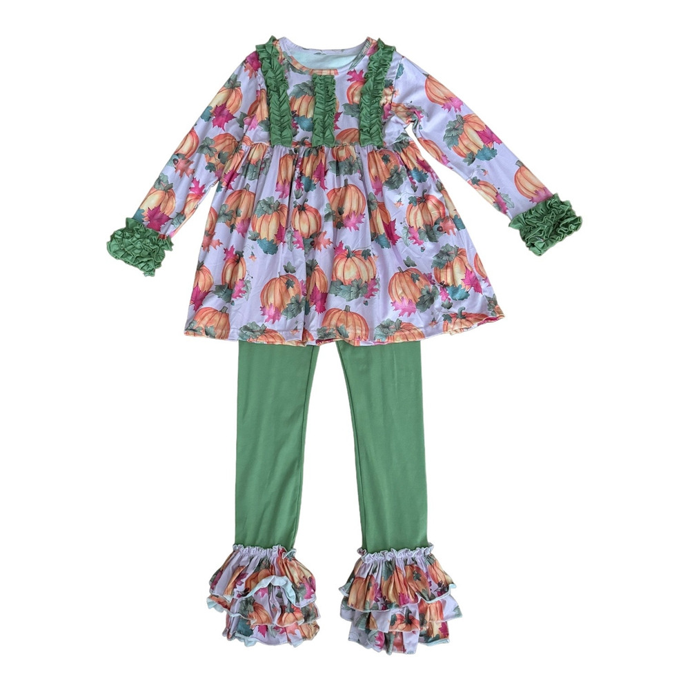 NWOT Pumpkin Leaf Fall Autumn Orange Crush Print Ruffle Top, leggings Set age 3T